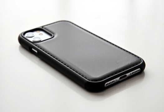 Phone lying face down with black case on a white surface  