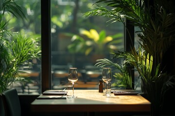 Fototapeta premium Elegant restaurant table setting with empty wine glasses natural light and lush green plants creating a welcoming atmosphere.