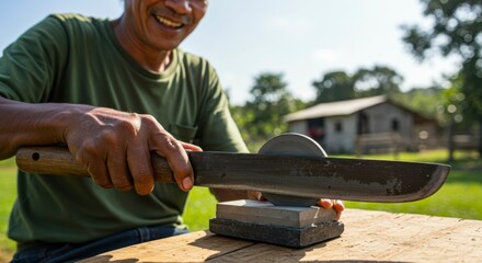 Sharpening a machete outdoors