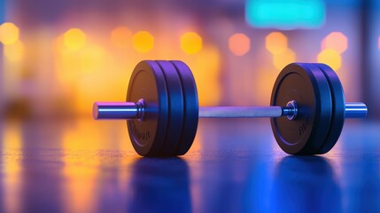 Dramatic Close-Up of a Barbell with Weight Plates on a Softly Lit Surface Showcasing Fitness and Strength Training Atmosphere