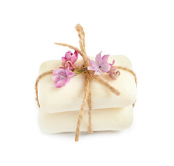 Soap bars and lilac flowers isolated white