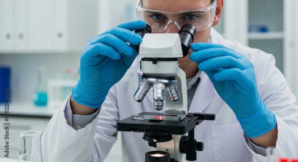 Poster focused scientist using a microscope in a lab