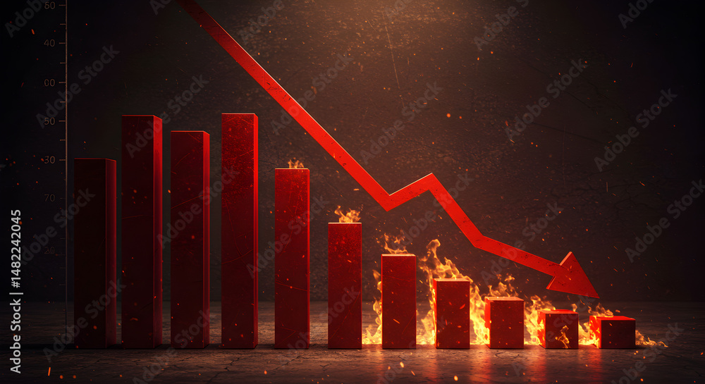 Poster red bar graph displaying financial decline economic downturn and recession with burning visual eleme