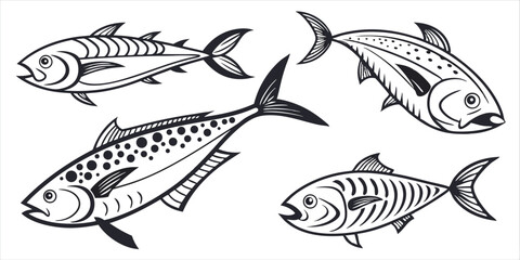 Collection of Four Different Tuna Fish Illustrations Line Art Style