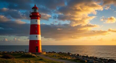 Lighthouse at sunset over the sea