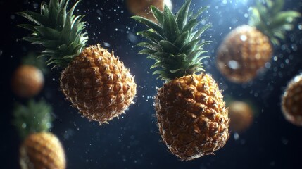Several pineapples float in dark liquid with bubbles and bright lighting.