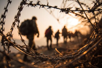 Individuals being deported near a border. Group of people standing in line with border patrol agents and a fence in the background.