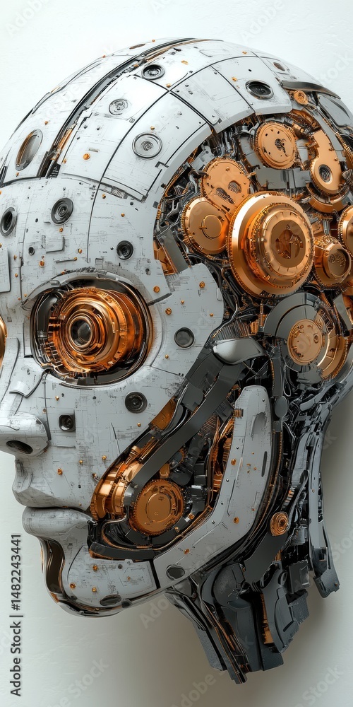 Poster humanoid robot head showing exposed gears and metallic components