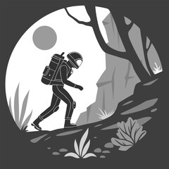 Silhouette of futuristic explorer walking in nature with backpack under full moon in black and white art