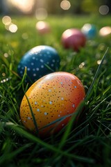 Collection of easter eggs laying in grass all easter eggs are in focus, easter celebration