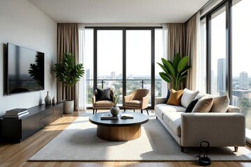 Fototapeta premium Modern condo living room with stylish furniture and large windows, offering bright natural light , decor, window view