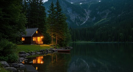 Fototapeta premium Cabin retreat serenity and peacefulness, with lake and mountain landscape