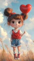 Fototapeta premium Adorable child floating with heart balloon