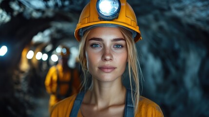 Female miner wearing a hard hat with a headlamp, standing in an underground tunnel. She has a focused expression, with other workers visible in the background photography 