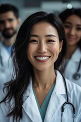 Female physician checking schedule, with her team behind her 