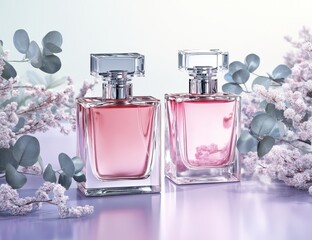 Two square perfume bottles, pale pink, clear glass, displayed amongst pastel flowers and leaves