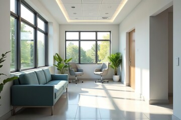 Modern, bright doctor's surgery waiting area with comfortable seating and natural light , waiting room, desk