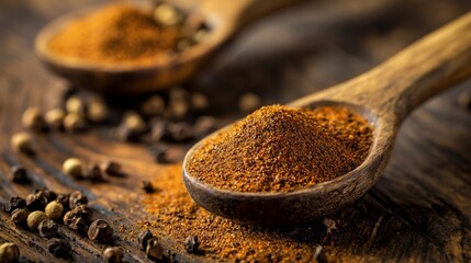 Golden spice powder in wooden spoon and board with warm culinary light setting