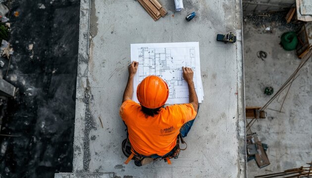 Construction worker reviewing blueprints on concrete slab