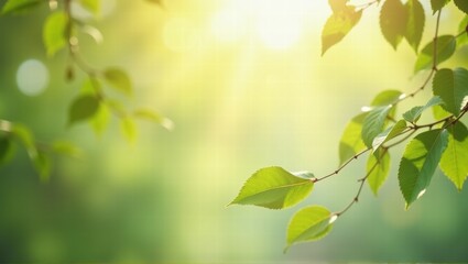 Obraz premium Sunlit green leaves on delicate branches glow in warm morning light against a softly blurred forest background, creating a peaceful and fresh natural scene. Generative, AI,