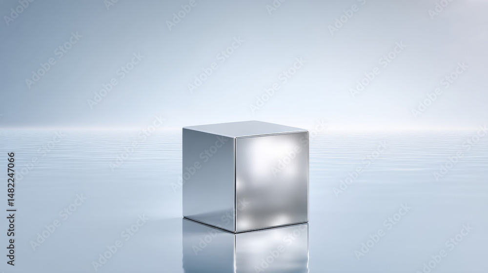Poster a reflective silver cube floating above a calm surface, symbolizing modern simplicity.