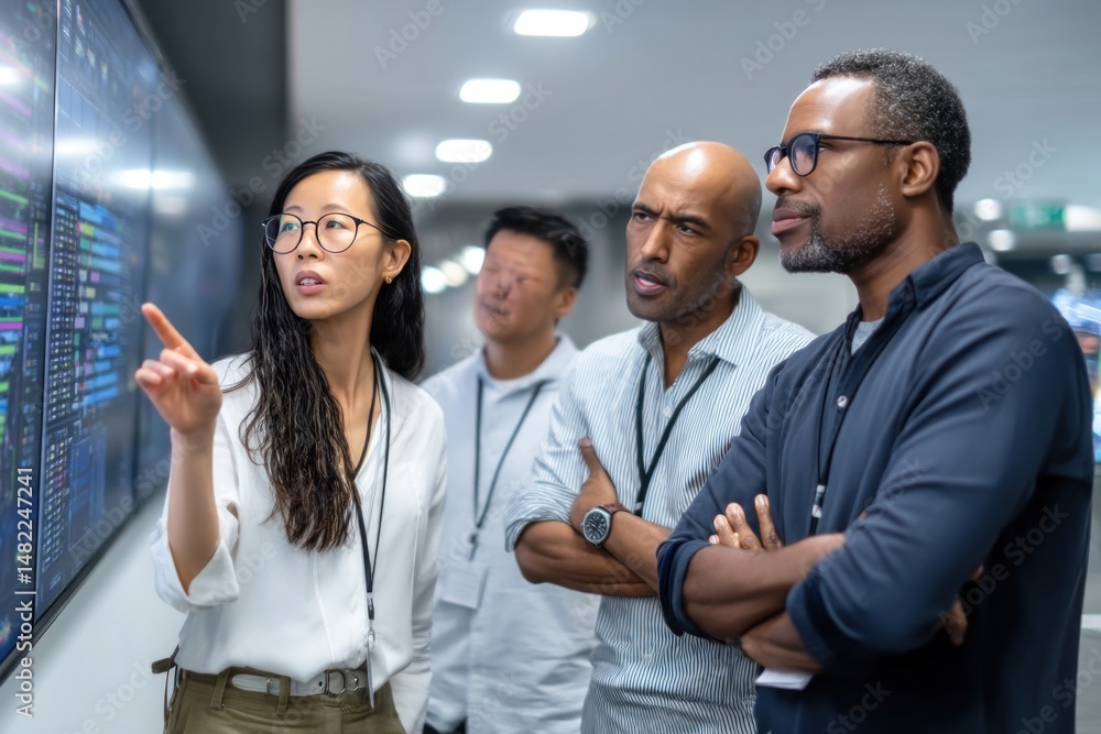 Poster diverse team of it specialists analyzing data on a large screen in monitoring room
