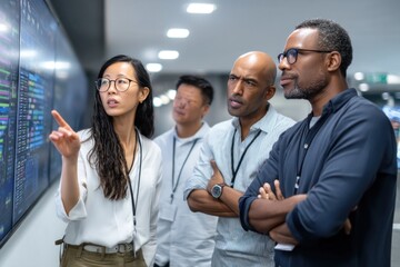 Diverse team of it specialists analyzing data on a large screen in monitoring room