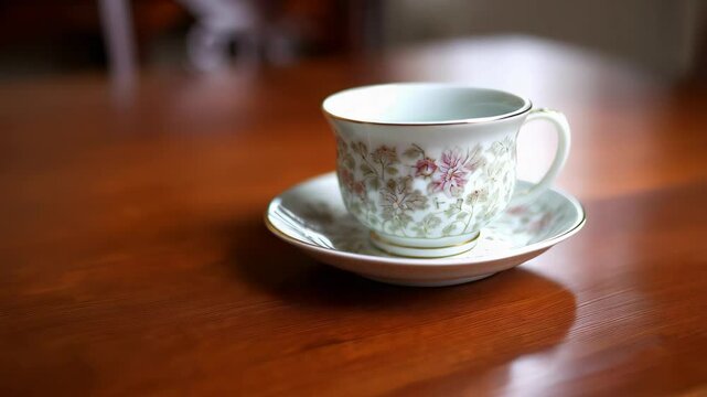 Elegant porcelain teacup with delicate floral pattern placed on polished wooden table in warmly lit room with vintage chairs and soft window light. Concept of home comfort and tea ritual