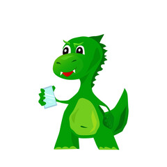 Smiling dragon with phone in vector, flat style. Cartoon character, dragon, cute dinosaur.