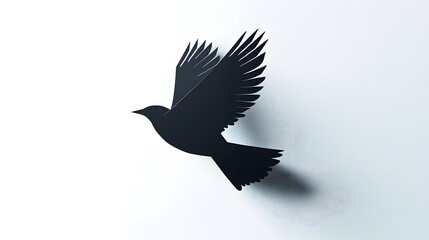 Fototapeta premium Soaring Silhouette: A meticulously crafted paper bird takes flight against a crisp, minimalist backdrop, casting a subtle shadow to emphasize its elegant form. 