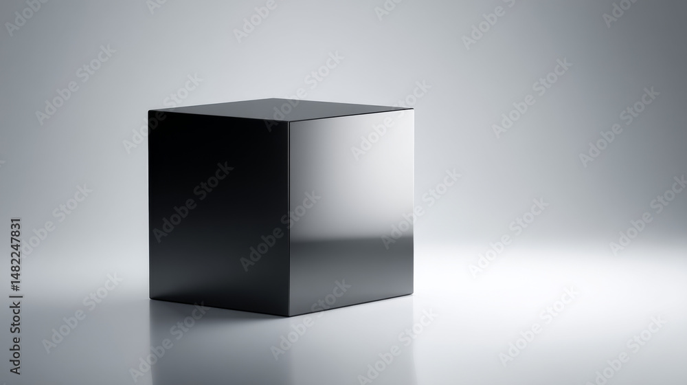 Poster a shiny black cube on a gradient background, representing minimalistic design and elegance.