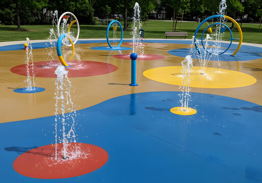 Playground splash pad with water fountains and colorful design