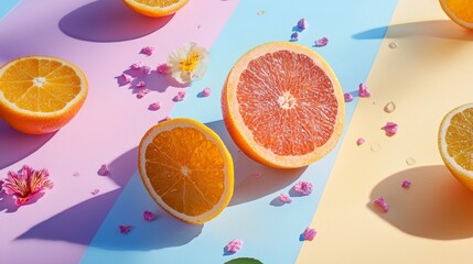 Sliced grapefruit and citrus fruits on pastel gradient background with floating flower petals