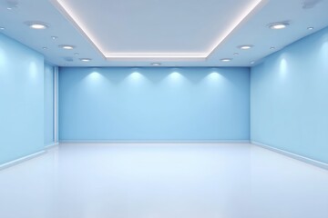 Minimalist empty blue room with modern lighting, smooth walls, and a clean, glossy floor, showcasing simplicity and spaciousness.