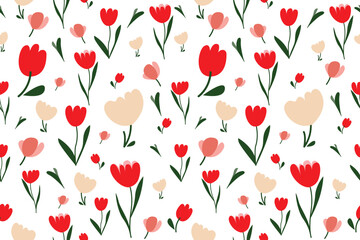 Seamless pattern with tulips. Small and large blooming flower headpieces mixed. white background.