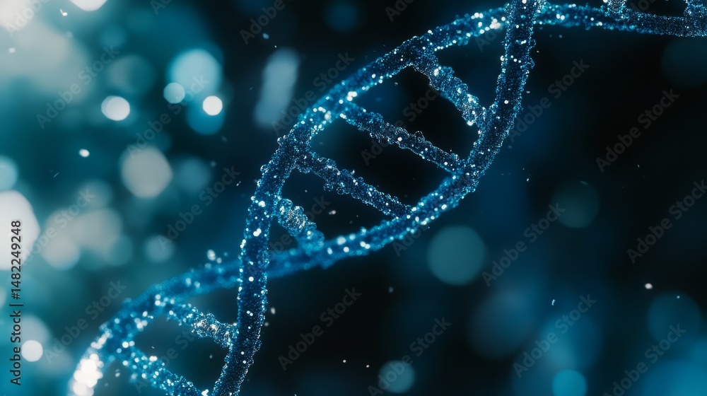 Poster close-up view of blue dna double helix structure with shimmering strands against a soft blurred back