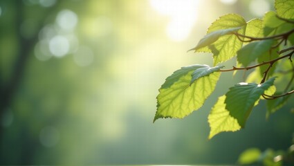 Obraz premium A delicate branch with soft green leaves stretches into view, backlit by a dreamy forest glow and soft sunlight, evoking a peaceful and serene natural moment. Generative, AI,