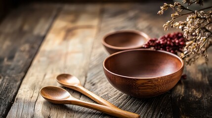 Rustic wooden table with spoons and bowl beside red berries in natural daylight kitchen