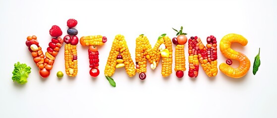 The word "VITAMINS" made of colorful fruits and vegetables on a white background, with white space in the middle for text