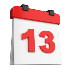 Modern 3D simple calendar icon date 13th isolated on Transparent Png Background