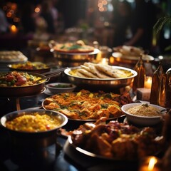 Indian Traditional Catering for a Party - Image with lot of people, traditional attires, rich ambience, Authentic Indian Food, Rice, Chicken, Dal, Roti
