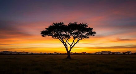 Obraz premium African savanna sunset landscape, acacia tree silhouette