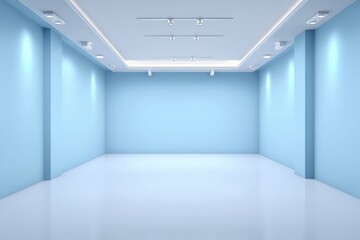 Minimalist empty blue room with modern lighting, smooth walls, and a clean, glossy floor, showcasing simplicity and spaciousness.