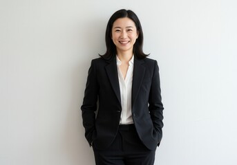 Confident asian businesswoman in a black suit smiles in a professional portrait against a white background