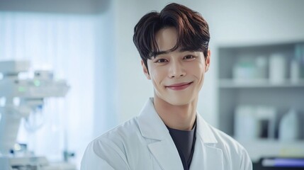 In a modern doctor's office, a stylish and handsome Korean individual is visiting.