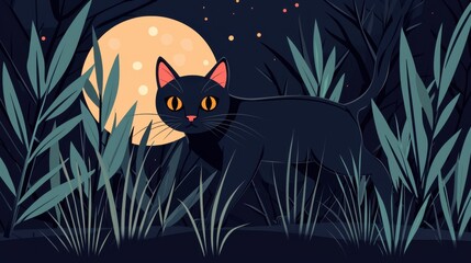 Moonlit night, black cat prowling in the shadows, flat design illustration.