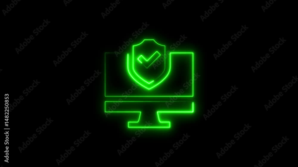 Poster animated neon glowing shield with a checkmark protecting a computer on black background