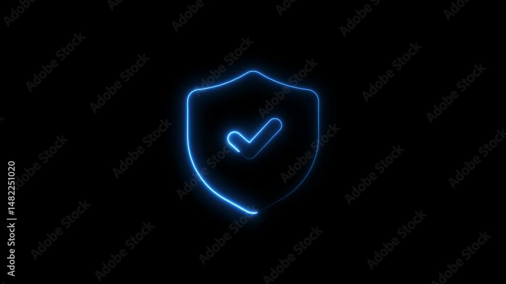 Poster glowing blue shield with checkmark symbolizing security and verification on black