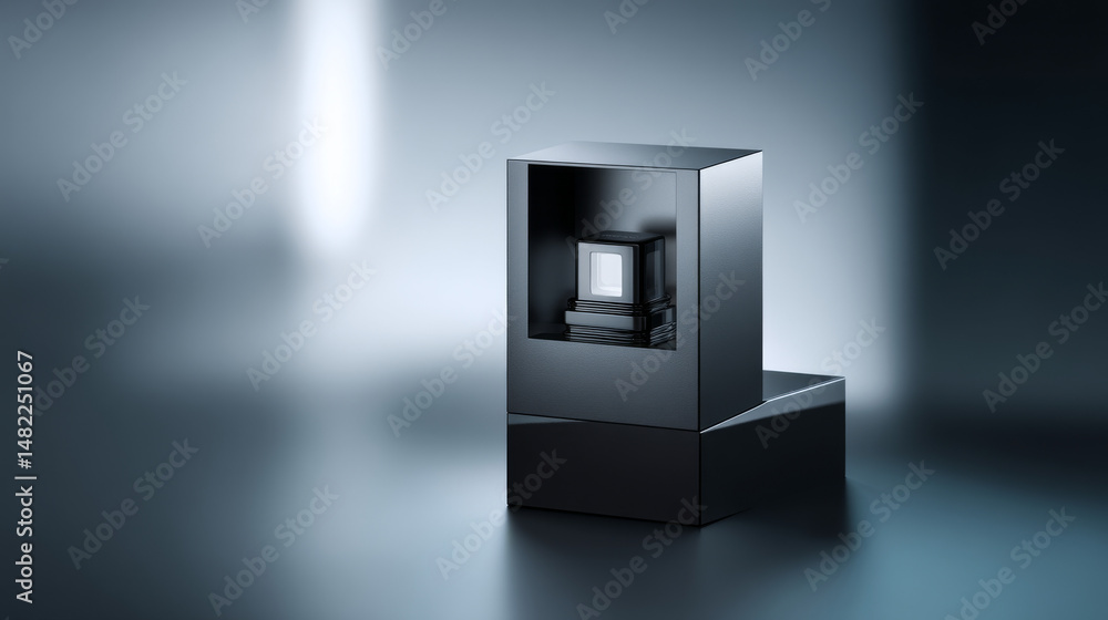 Poster a sleek black geometric object on a smooth surface, creating a modern aesthetic.