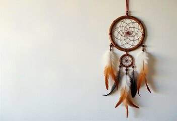 Flat lay of a Native American dreamcatcher with feathers and beads, displayed against a light canvas background in soft lighting, highlighting cultural symbolism and handcrafted texture

